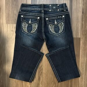 Miss Me Dark Wash Fade Angel Wings Rhinestones Embroidered Stitching Jeans 29